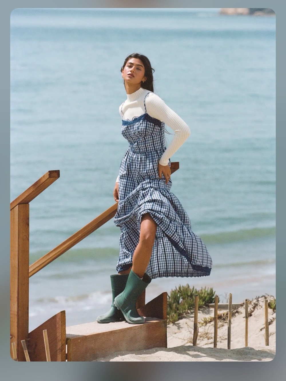 Cider COTTON-BLEND GINGHAM LACE TRIM TIERED SHIRRED MAXI DRESS SA1-2 L